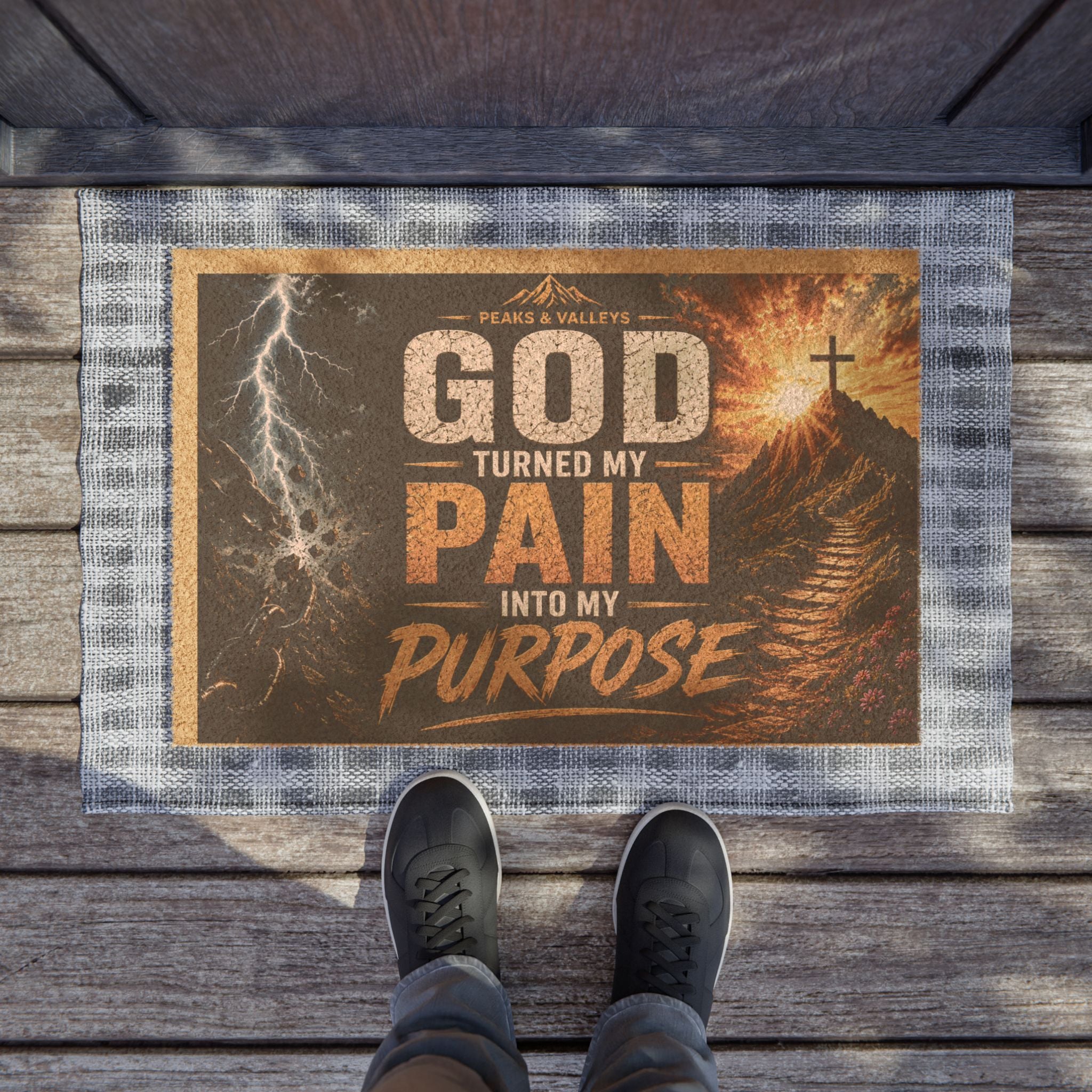 Doormat — "God Turned My Pain Into My Purpose" Inspirational Christian Welcome Mat
